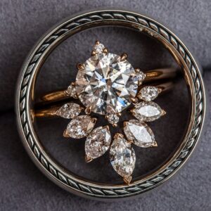 Close-up of a stunning diamond ring with a floral brooch design, showcasing luxury jewelry.